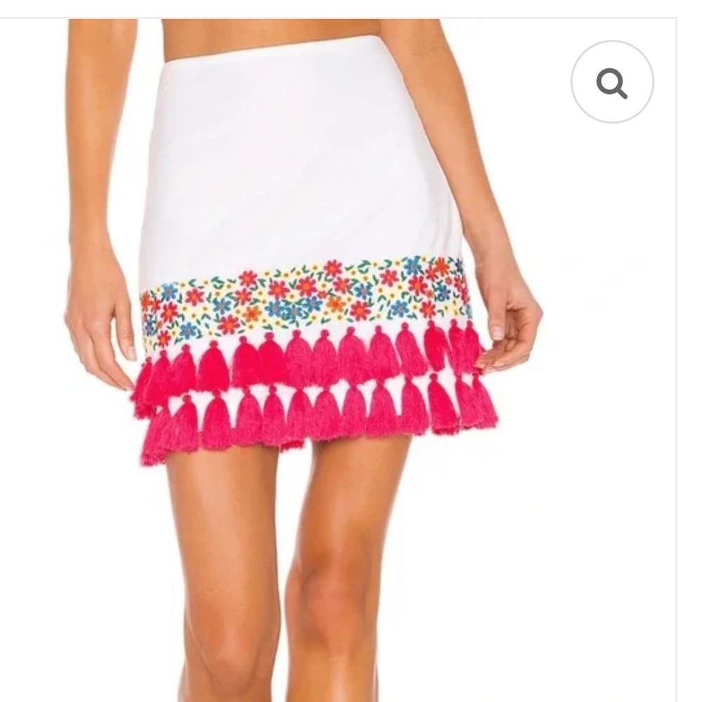 Tularosa White Mini Skirt with Hot Pink Tassel Hem and Multicolor Embroidery